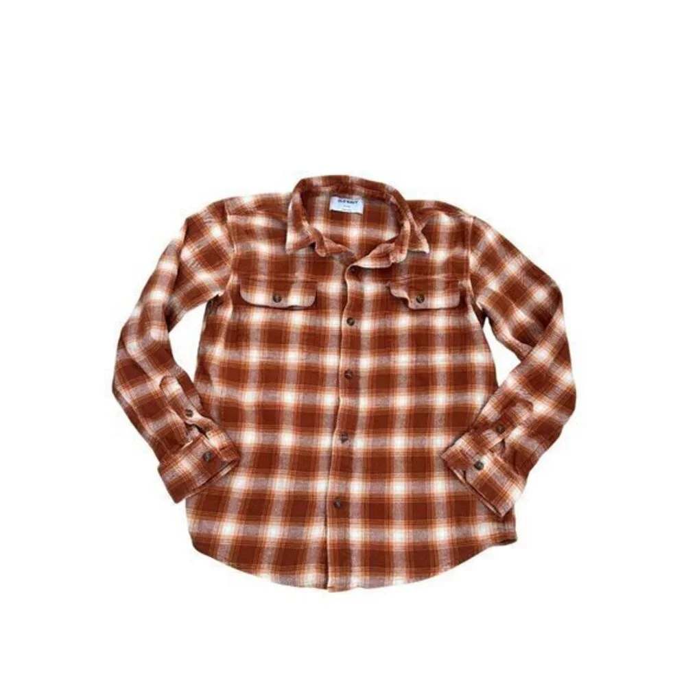 Old Navy XL 14-16 Orange & White Plaid Button-Up Flannel Shirt